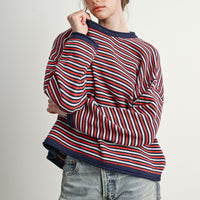 Navy Multi striped oversized knit sweater, angled front view