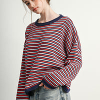 Navy Multi crew neck striped sweater, three-quarter front view
