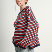 Navy Multi relaxed striped knit sweater, side view