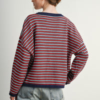 Navy Multi relaxed striped crew neck sweater, back view