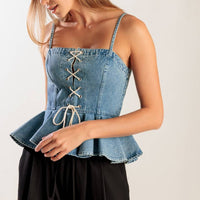 Lace-Up Denim Corset Peplum Top