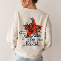 Country music and tequila western sweatshirt, back view on model