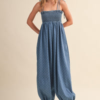 Polka Dot Smocked Baggy Jumpsuit