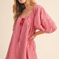 Red Gingham Puff Sleeve Relaxed Fit Romper