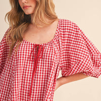 Red Gingham Puff Sleeve Relaxed Fit Romper