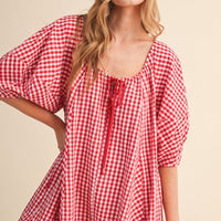 Red Gingham Puff Sleeve Relaxed Fit Romper