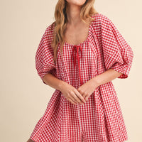 Red Gingham Puff Sleeve Relaxed Fit Romper