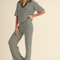 Striped Collared Knit Top & Wide Pants Set