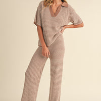 Striped Collared Knit Top & Wide Pants Set