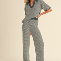 Striped Collared Knit Top & Wide Pants Set