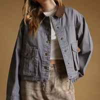 Denim Blue contrast-collar cropped utility jacket, front view on model