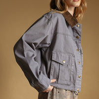Denim Blue contrast-collar utility jacket, angled front view on model