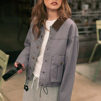 Denim Blue button-front utility jacket styled outdoors, front view