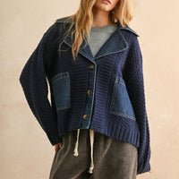 Denim Contrast Textured Knit Cardigan