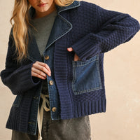 Denim Contrast Textured Knit Cardigan