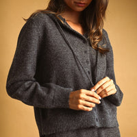 Charcoal Hooded Button Front Knit Cardigan