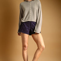 Aurora Grey button-front knit cardigan, full-length front view on model