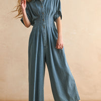 Denim Wide Leg Jumpsuit with Waist Pintuck Detail