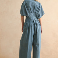 Denim Wide Leg Jumpsuit with Waist Pintuck Detail