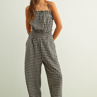 Gingham Open-Back Smocked Waist Jumpsuit