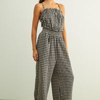 Gingham Open-Back Smocked Waist Jumpsuit