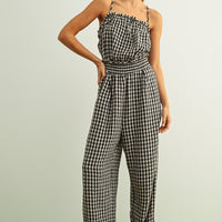 Gingham Open-Back Smocked Waist Jumpsuit