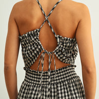 Gingham Open-Back Smocked Waist Jumpsuit