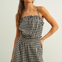 Gingham Open-Back Smocked Waist Jumpsuit
