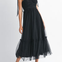 Polka Dot Mesh Tie Shoulder Midi Dress