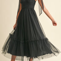 Polka Dot Mesh Tie Shoulder Midi Dress