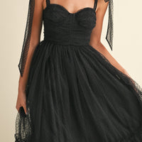 Polka Dot Mesh Tie Shoulder Midi Dress