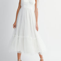 Polka Dot Mesh Tie Shoulder Midi Dress