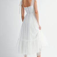 Polka Dot Mesh Tie Shoulder Midi Dress