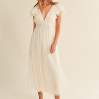 Tulle V neck Ruffle Sleeve Midi Dress