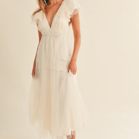 Tulle V neck Ruffle Sleeve Midi Dress