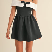 Bow Detail Off Shoulder Contrast Fit & Flare Dress