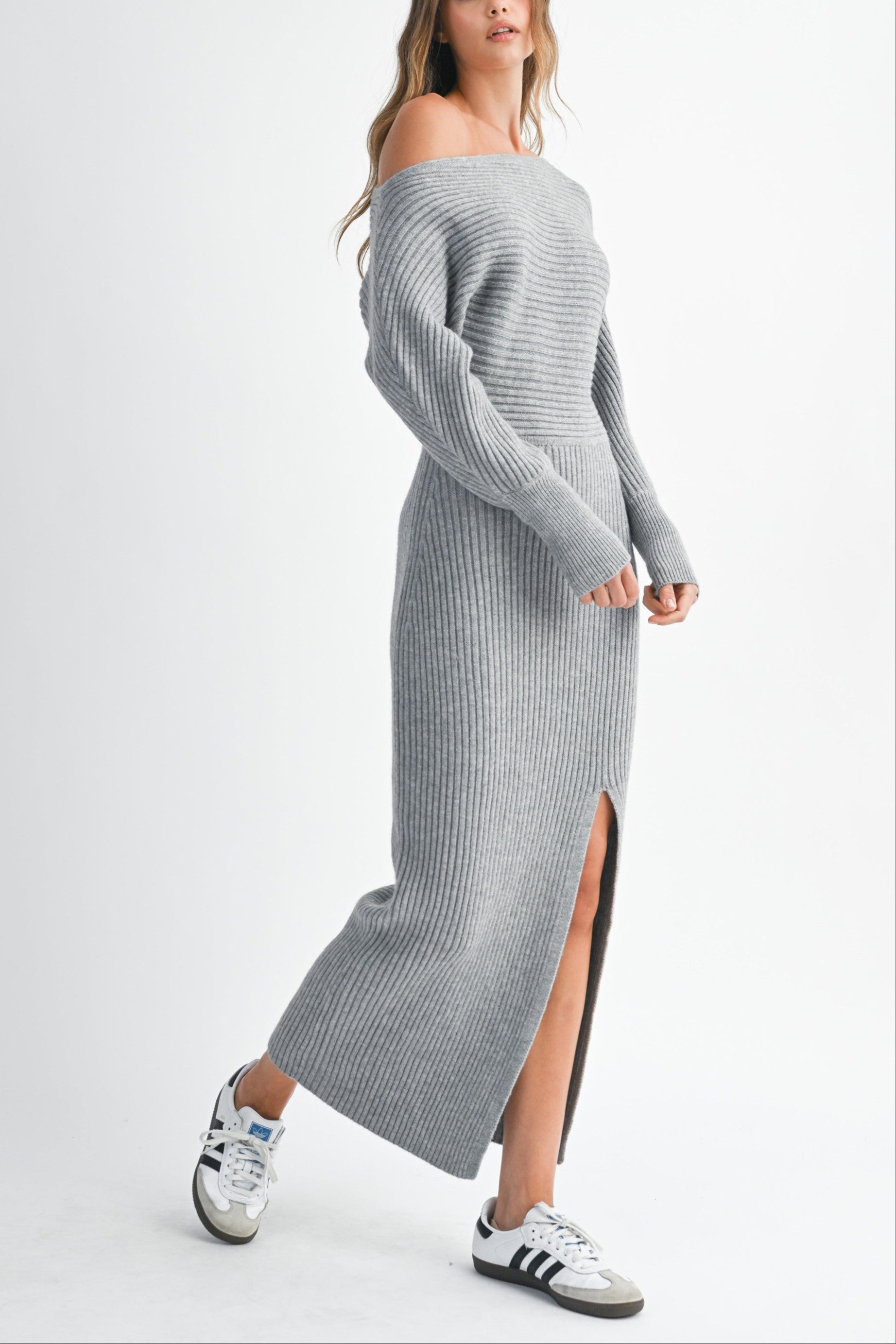 Off-Shoulder Ribbed Knit Sweater Dress with Side Slit – Evercado