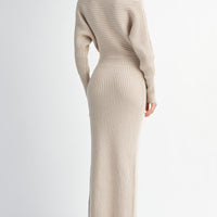 Off-Shoulder Ribbed Knit Sweater Dress with Side Slit