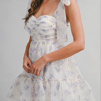 Romantic Floral Organza Mini Dress with Bow Straps