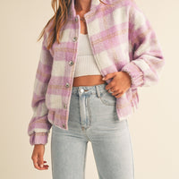 Fuzzy Plaid Bomber Jacket
