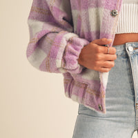 Fuzzy Plaid Bomber Jacket