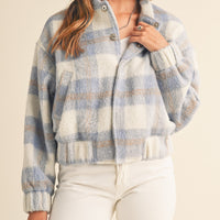 Fuzzy Plaid Bomber Jacket