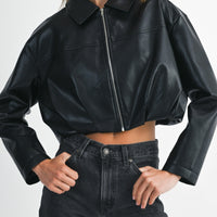 Faux Leather Pleated Bubble Hem Cropped Jacket