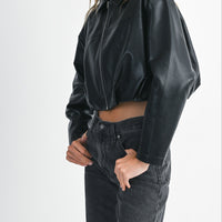 Faux Leather Pleated Bubble Hem Cropped Jacket