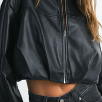Faux Leather Pleated Bubble Hem Cropped Jacket