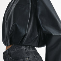 Faux Leather Pleated Bubble Hem Cropped Jacket