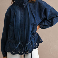Eyelet Embroidered Drawstring Denim Utility Jacket