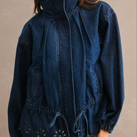 Eyelet Embroidered Drawstring Denim Utility Jacket