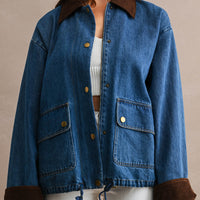 Oversized Denim Jacket with Contrast Corduroy Collar & Cuffs