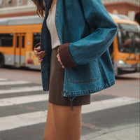 Oversized Denim Jacket with Contrast Corduroy Collar & Cuffs